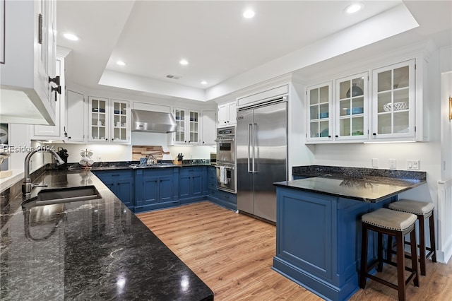 kitchen featuring white cabinetry, blue cabinets, stainless steel appliances, and sink