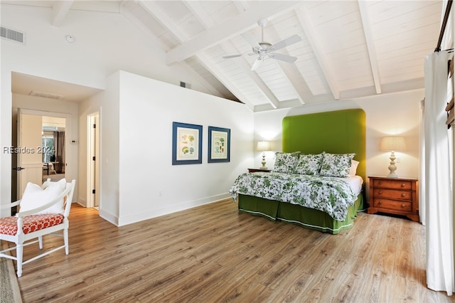 bedroom featuring beamed ceiling, wood-type flooring, high vaulted ceiling, and ceiling fan