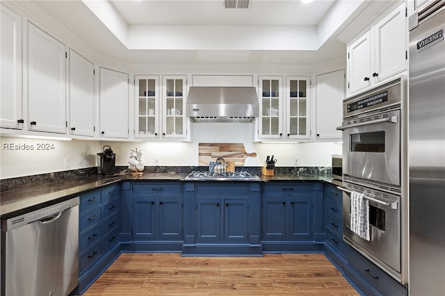 kitchen with white cabinetry, extractor fan, stainless steel appliances, and blue cabinets