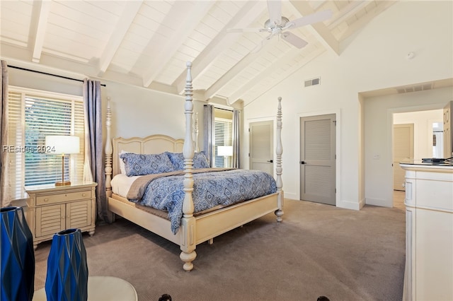 bedroom with beam ceiling, high vaulted ceiling, carpet flooring, and ceiling fan