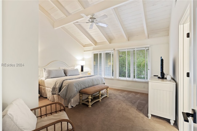 carpeted bedroom featuring beamed ceiling, high vaulted ceiling, and ceiling fan