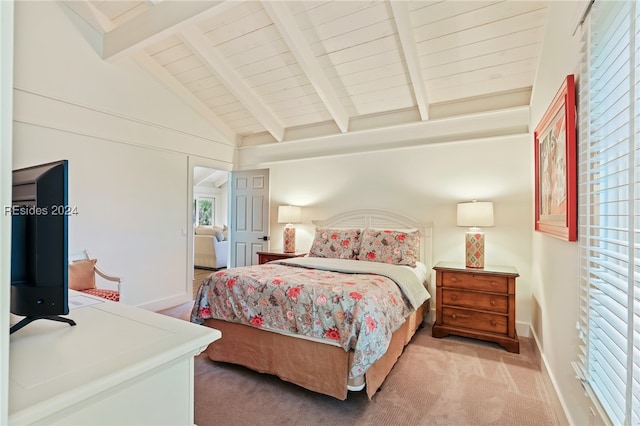 carpeted bedroom with beam ceiling, high vaulted ceiling, and wooden ceiling