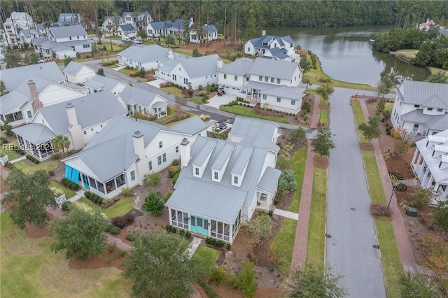 drone / aerial view featuring a water view