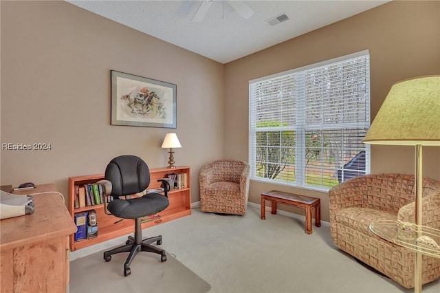 carpeted office featuring a wealth of natural light and ceiling fan