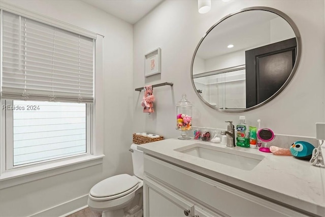 bathroom with vanity, toilet, and a shower