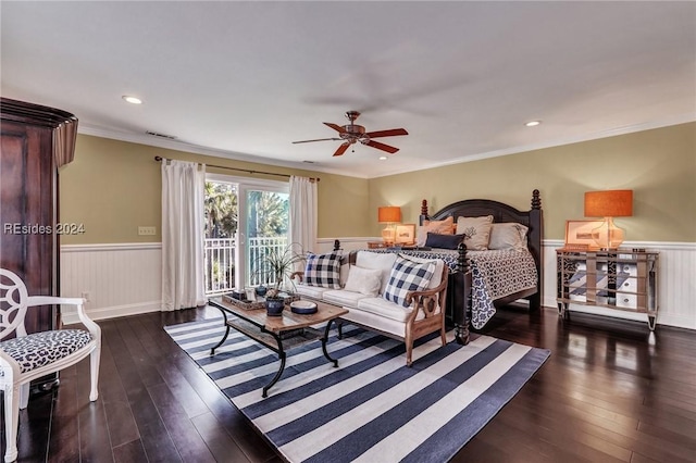 bedroom with crown molding, ceiling fan, access to exterior, and dark wood-type flooring