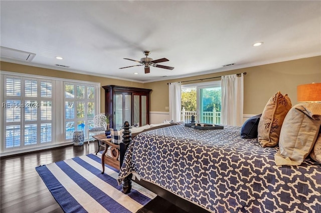 bedroom featuring access to exterior, crown molding, dark hardwood / wood-style floors, and ceiling fan