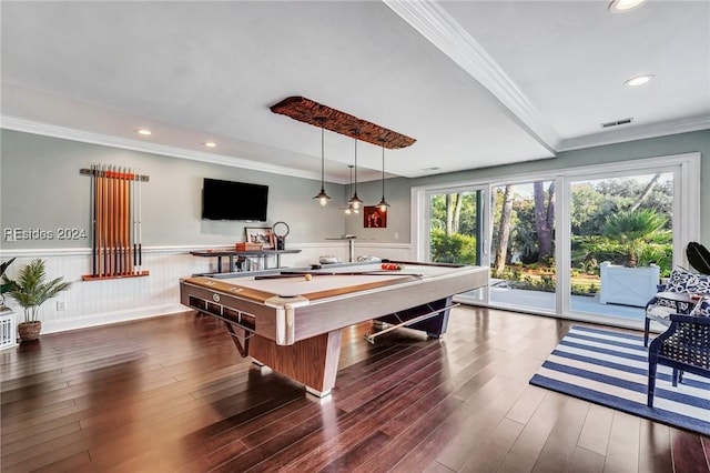 rec room with dark hardwood / wood-style flooring, crown molding, and pool table