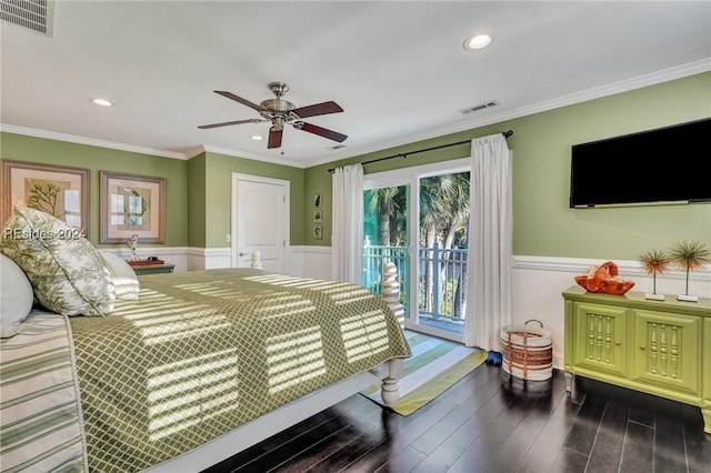 bedroom with hardwood / wood-style flooring, access to outside, ornamental molding, and ceiling fan