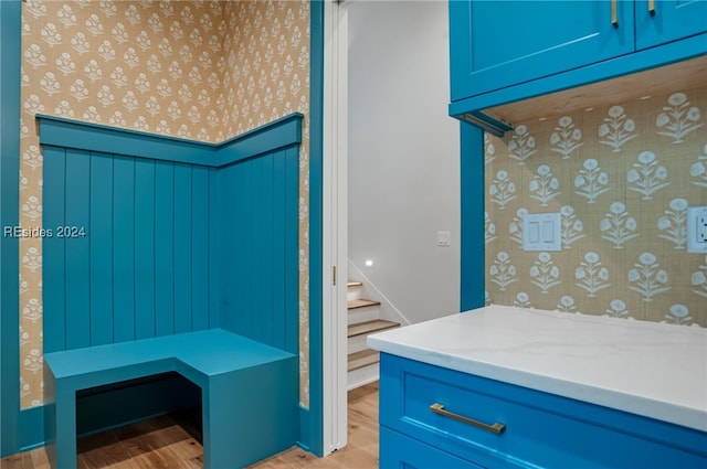 mudroom with light hardwood / wood-style flooring