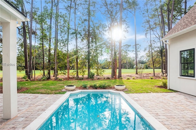 view of swimming pool with a lawn and a patio area