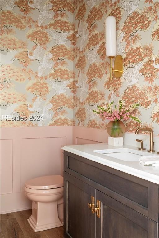 bathroom featuring vanity, hardwood / wood-style flooring, and toilet