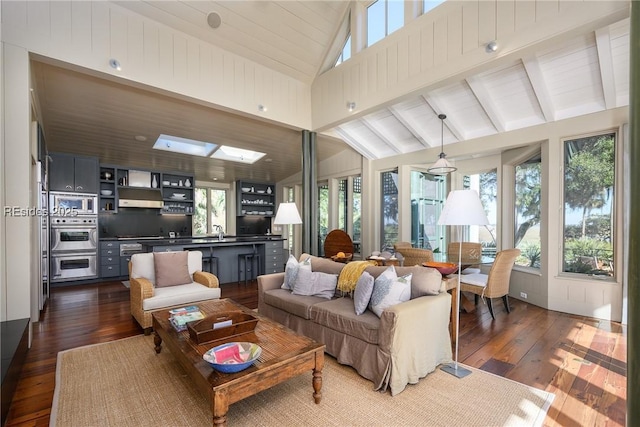 living room featuring dark hardwood / wood-style floors, a healthy amount of sunlight, and vaulted ceiling with skylight