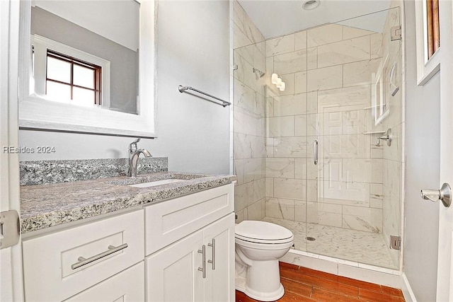 bathroom with vanity, toilet, and a shower with shower door