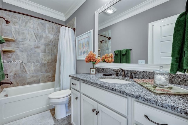 full bathroom featuring tile patterned flooring, vanity, toilet, crown molding, and shower / bathtub combination with curtain