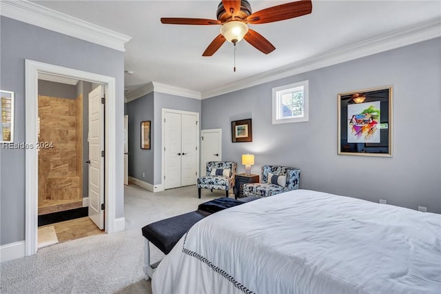 bedroom featuring crown molding, ceiling fan, and light colored carpet