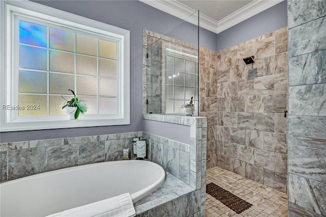 bathroom with crown molding and plus walk in shower