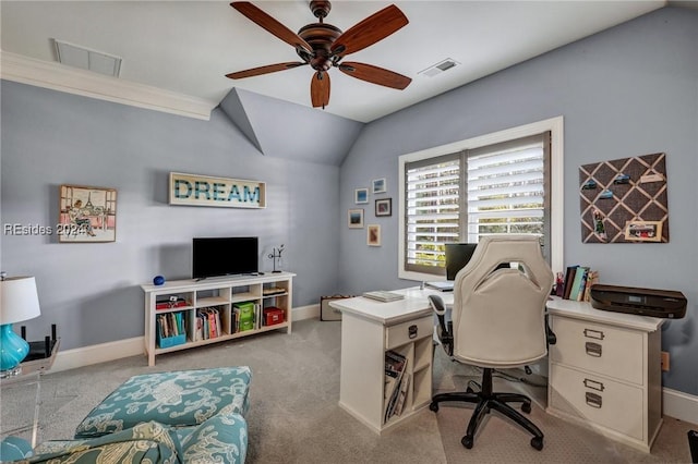 carpeted home office featuring ceiling fan and vaulted ceiling