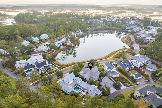 drone / aerial view with a water view