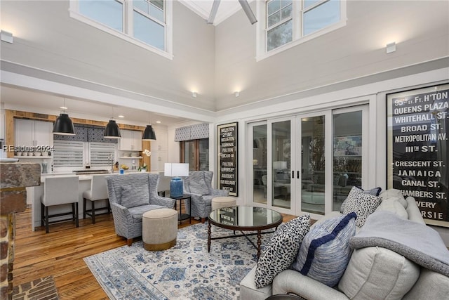 living room featuring hardwood / wood-style floors and a high ceiling