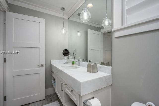 bathroom featuring vanity, ornamental molding, and hardwood / wood-style floors