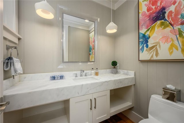 bathroom with vanity, ornamental molding, and toilet