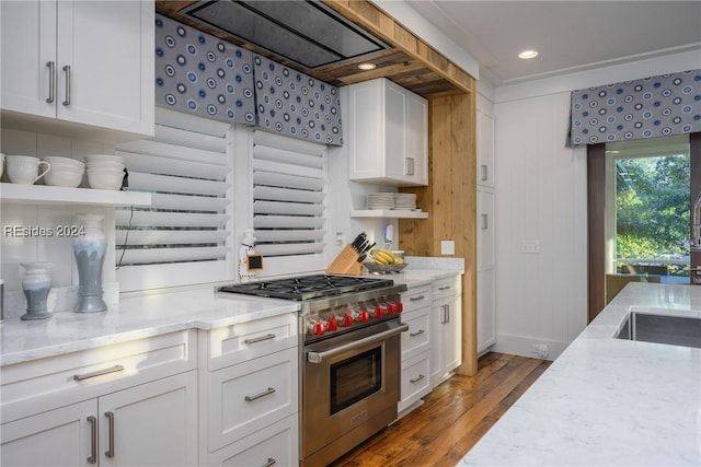 kitchen featuring designer stove, light stone countertops, light wood-type flooring, and white cabinets