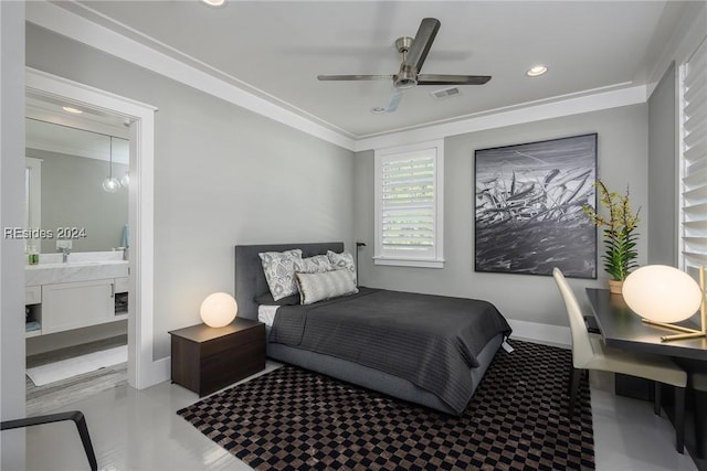 bedroom featuring ceiling fan, ornamental molding, ensuite bathroom, and concrete floors