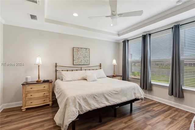 bedroom with ceiling fan, a tray ceiling, and dark hardwood / wood-style flooring