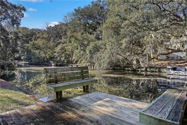 exterior space featuring a water view and a dock