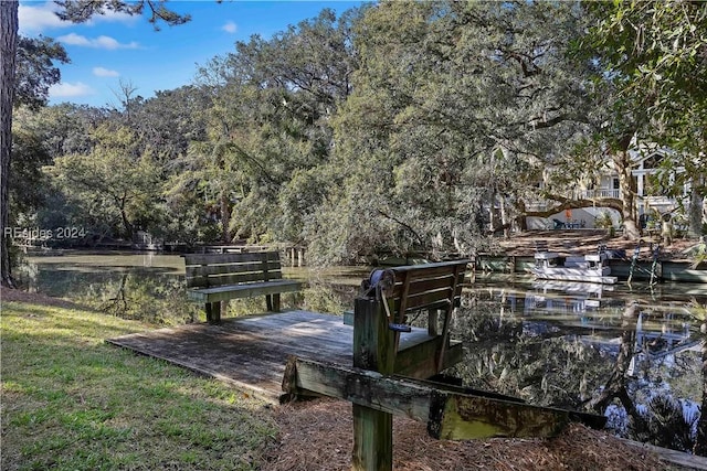 view of home's community featuring a water view and a boat dock