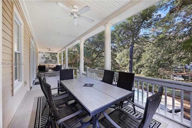 deck with ceiling fan and an outdoor hangout area