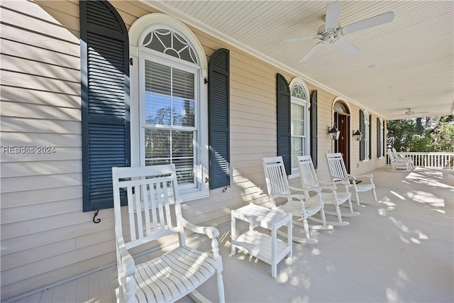 view of patio with a porch and ceiling fan