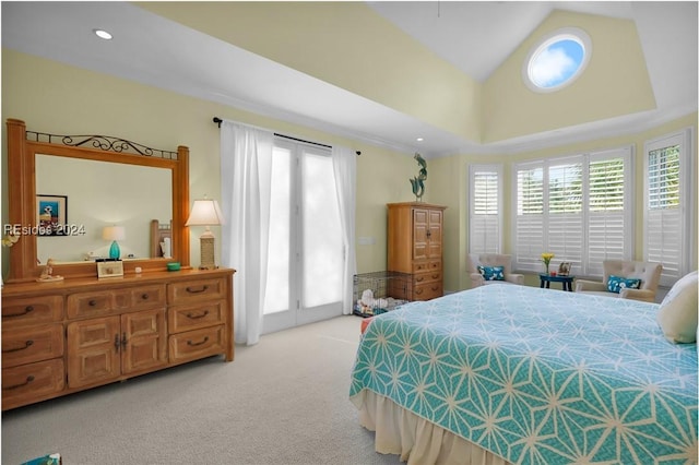 carpeted bedroom featuring multiple windows and high vaulted ceiling