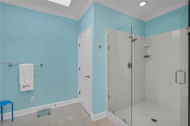 bathroom featuring crown molding and walk in shower