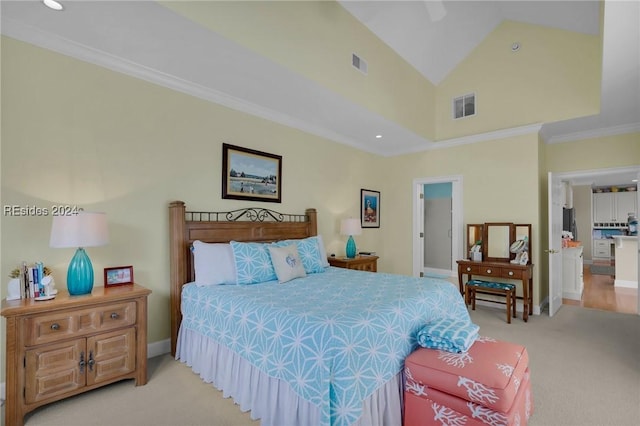 carpeted bedroom with crown molding, ceiling fan, and vaulted ceiling