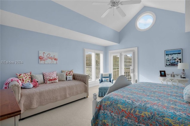 bedroom featuring vaulted ceiling, carpet flooring, and ceiling fan