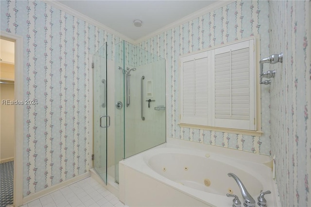 bathroom featuring tile patterned floors, ornamental molding, and plus walk in shower