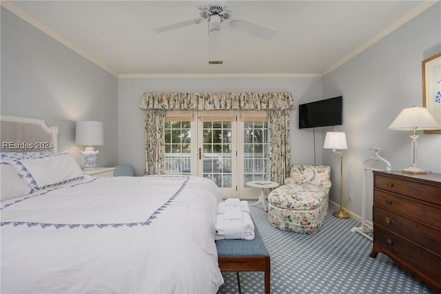 carpeted bedroom with ceiling fan, ornamental molding, and access to exterior