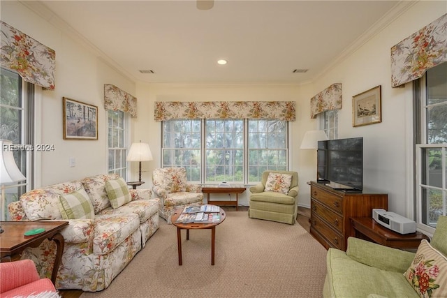 living room with crown molding