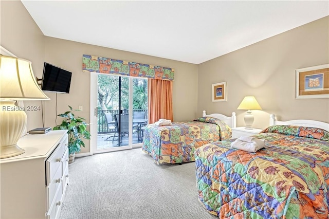 bedroom featuring access to exterior and light colored carpet