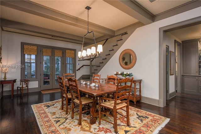 dining space featuring beamed ceiling, dark hardwood / wood-style floors, an inviting chandelier, and french doors