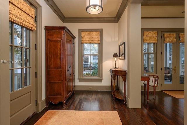 doorway with dark wood-type flooring and crown molding