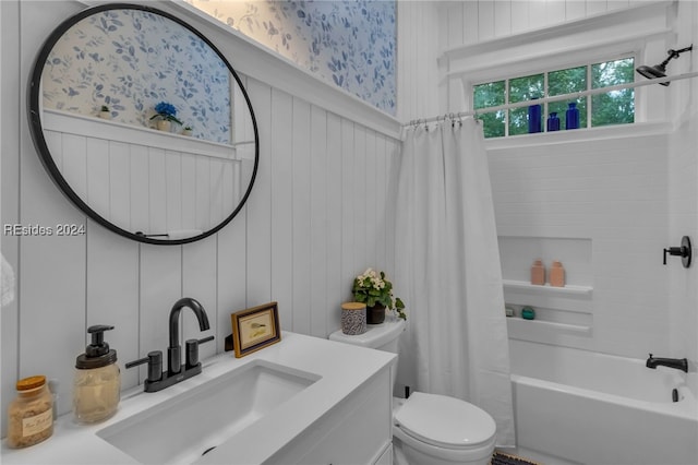 full bathroom with vanity, toilet, and shower / bath combo