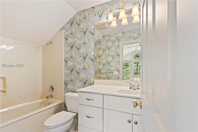 full bathroom featuring bathtub / shower combination, vanity, toilet, and vaulted ceiling