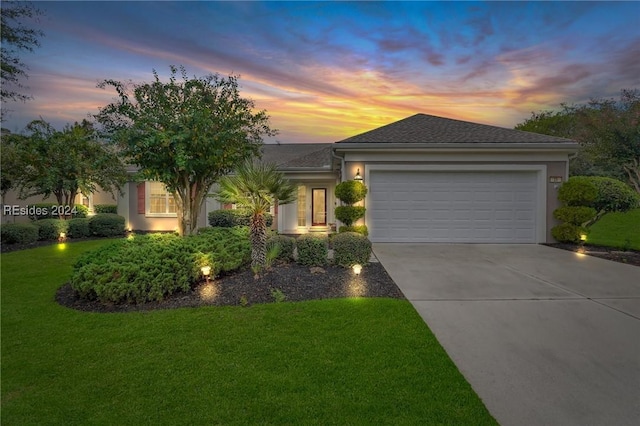 view of front of home featuring a garage and a lawn