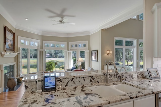 kitchen featuring sink, ornamental molding, ceiling fan, light stone counters, and a premium fireplace