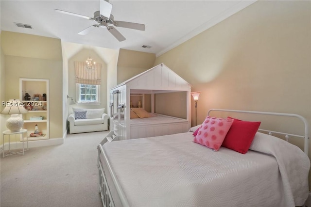 bedroom featuring crown molding, ceiling fan with notable chandelier, and light colored carpet