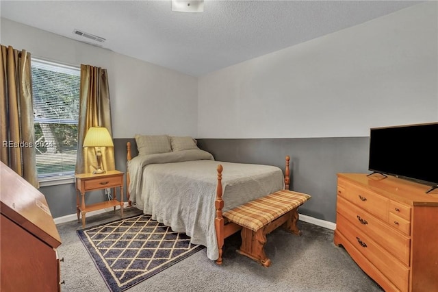 carpeted bedroom featuring multiple windows and a textured ceiling