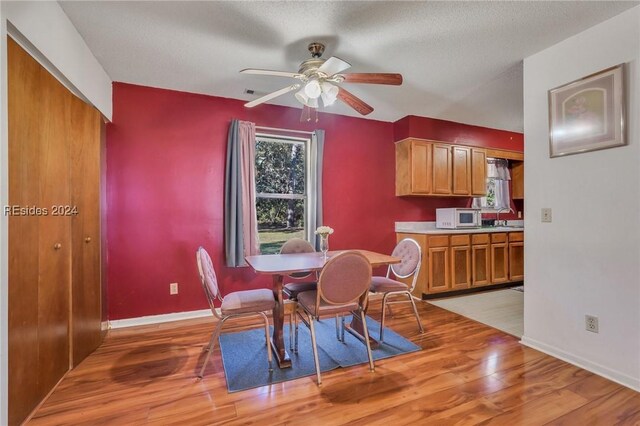 dining area with ceiling fan, a wealth of natural light, a textured ceiling, and light hardwood / wood-style floors